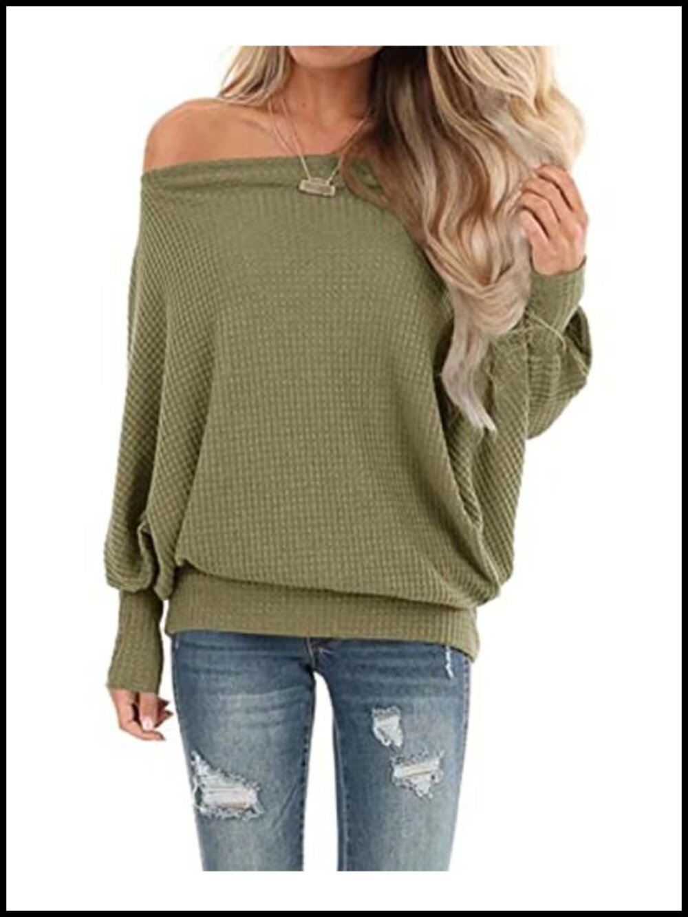 Waffle Knit Off Shoulder Sweater Pullover Tunic Oversized Batwing Sleeve
